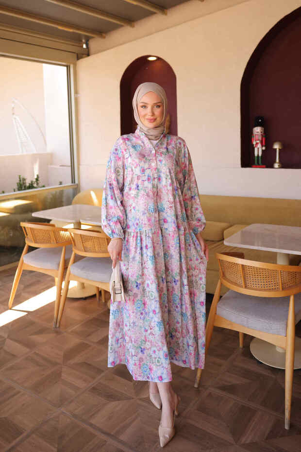Blue Half Buttoned Sleeves Elastic Patterned Dress