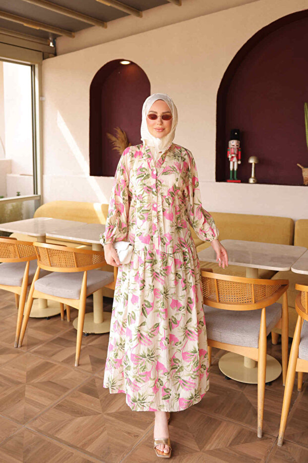 Pink Half Buttoned Sleeves Elastic Patterned Dress