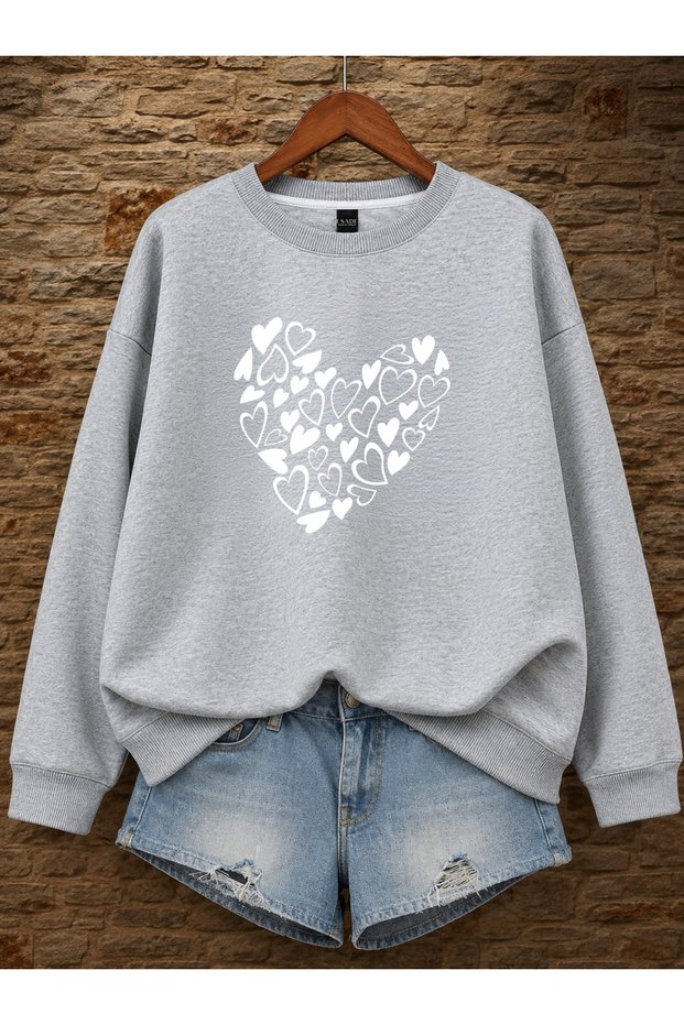 Women's Multi Heart Printed Comfortable Fit Crew Neck Gray Casual Sweatshirt