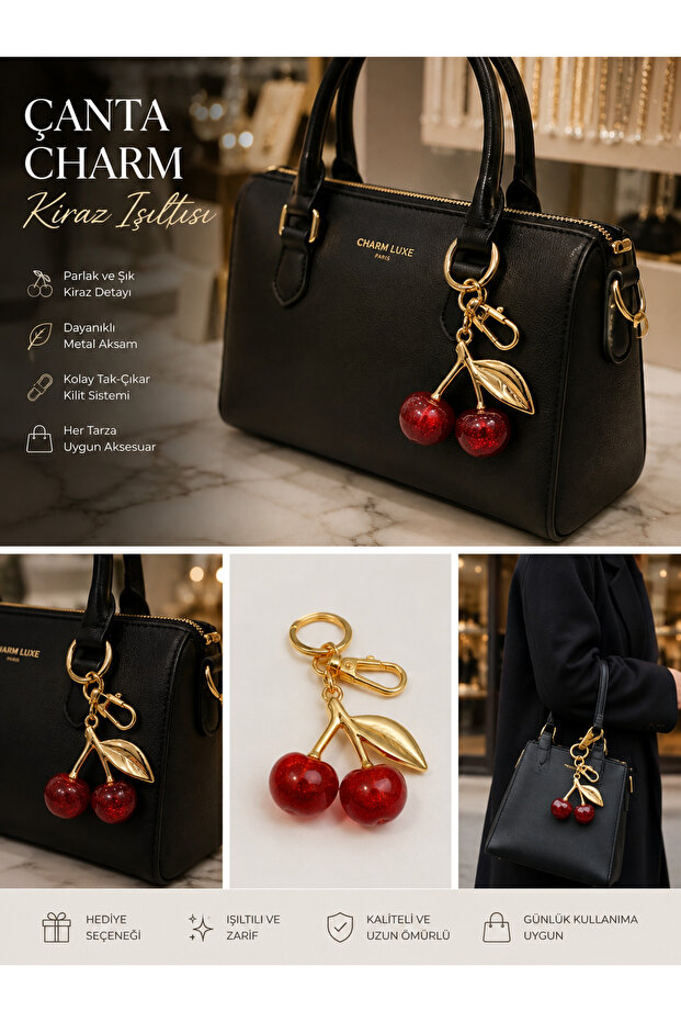 Gold Red Cherry Model Luxury Bag Charm Bag Accessory Keychain