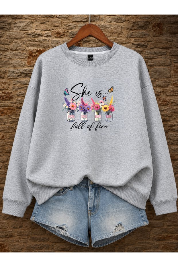 Women's Floral Special Design Graphic Printed Comfortable Fit Crew Neck Gray Sweatshirt