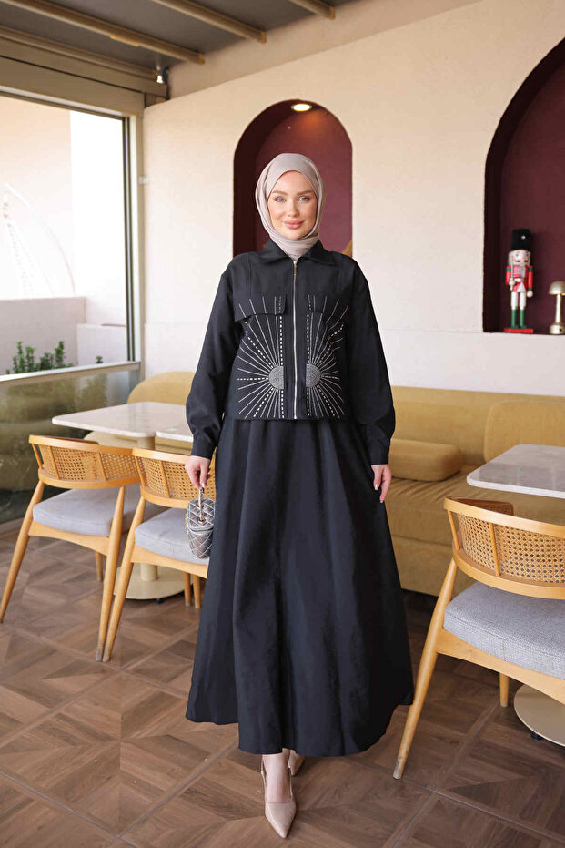 Black Stone Detailed Jacket and Skirt Set