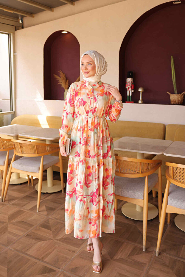 Orange Half-Buttoned Skirt with Elastic Sleeves and Layered Dress