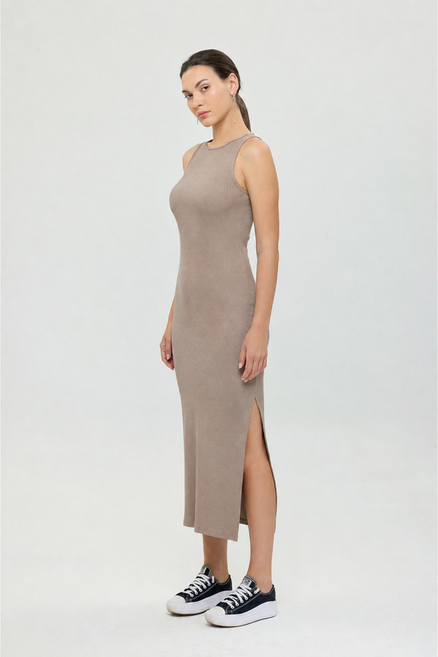 Soft Rib Slit Detailed Sleeveless Dress Mink