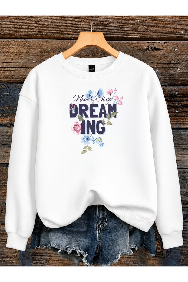 Women's Never Step Written Blue Floral Printed Comfortable Fit Crew Neck White Sweatshirt