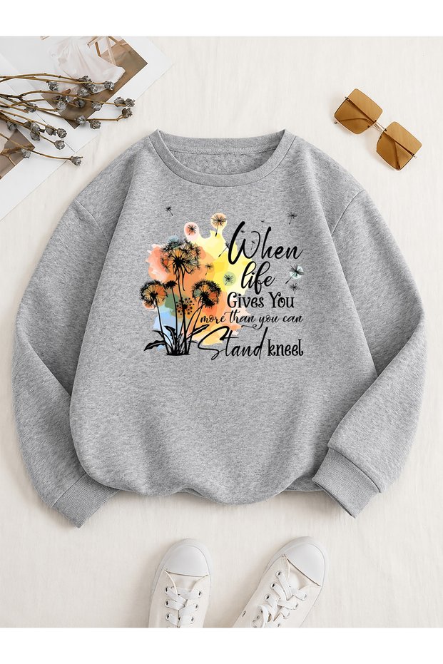 Women's When Life Dandelion Printed Crew Neck Women's Gray Sweatshirt
