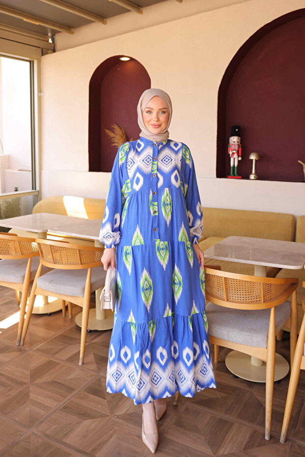 Cobalt Blue Half Buttoned Sleeves Elastic Skirt Layered Viscose Dress