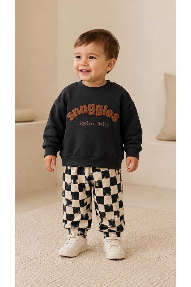 Baby Boy Embroidered Sweatshirt Checkered Patterned Pants Set