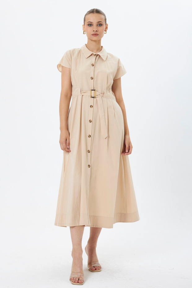 Tricoton Dress with Shirt Collar, Front Tie Detail, Full Buttons