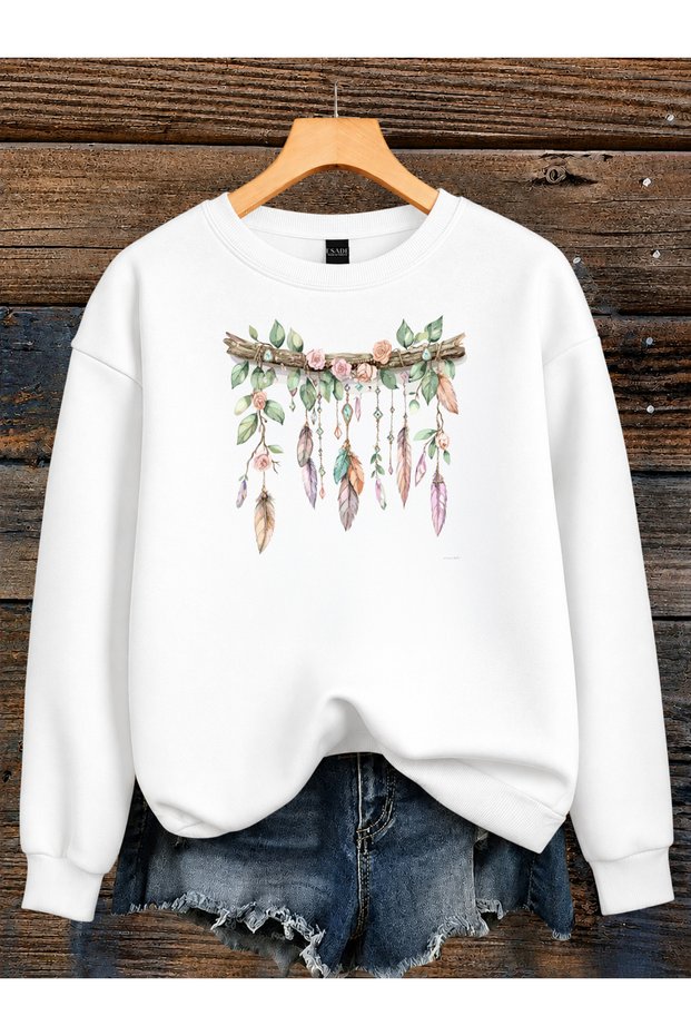 Women's Casual Fit Crew Neck White Sweatshirt with Branch Flowers and Feather Print