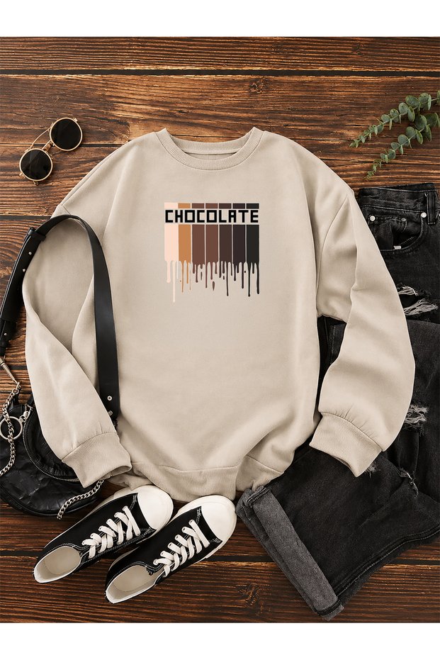 Women's Chocolate Printed Special Design Comfortable Fit Crew Neck Beige Sweatshirt