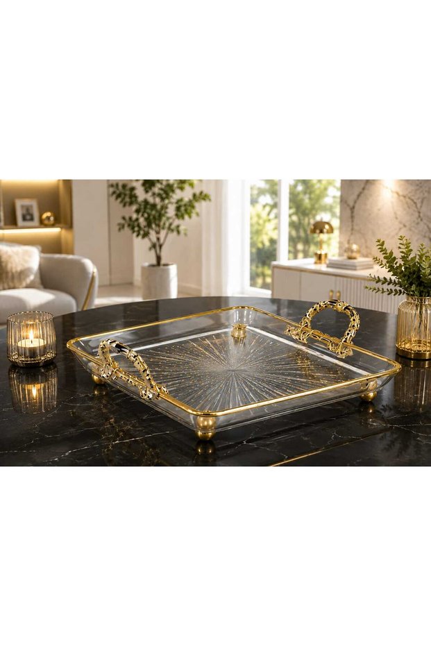 Square Presentation Tray with Gold Detailing, Feet, and Handles – Stylish Decorative Serving
