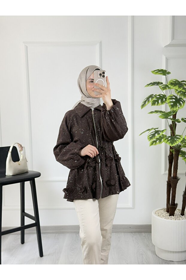 8015 Glittery Floral Detailed Zippered Peplum Jacket