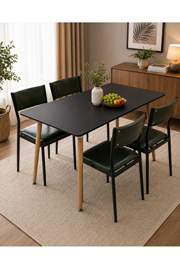Modern Dining Table Set 120x70 cm with 4 Chairs – Black Dining Table & Chairs, Kitchen Table Set