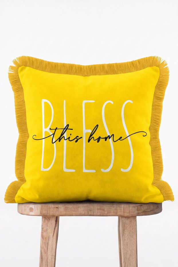 Bless This Home Written Yellow Modern Fringed Cushion Cover