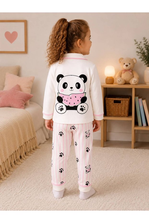 100% Cotton Long Sleeve Buttoned Panda Patterned Back Printed Soft Textured Bottom Top Girls Boys Unisex Baby Pajama Set