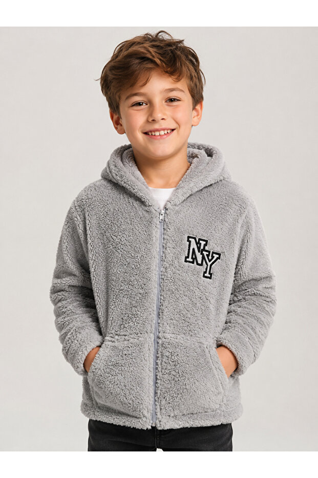 Boys' Plush Cardigan – Soft Winter Cardigan with Hood, Zipper Pockets, and Ny Pattern in Gray