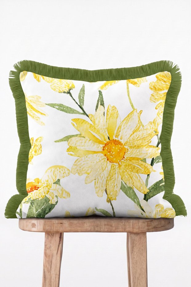 Watercolor Spring Flowers Pattern Yellow Fringed Throw Pillow Cover