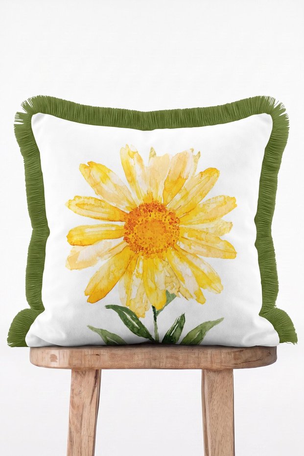 Watercolor Yellow Daisy Flower Patterned Fringed Decorative Throw Pillow Cover