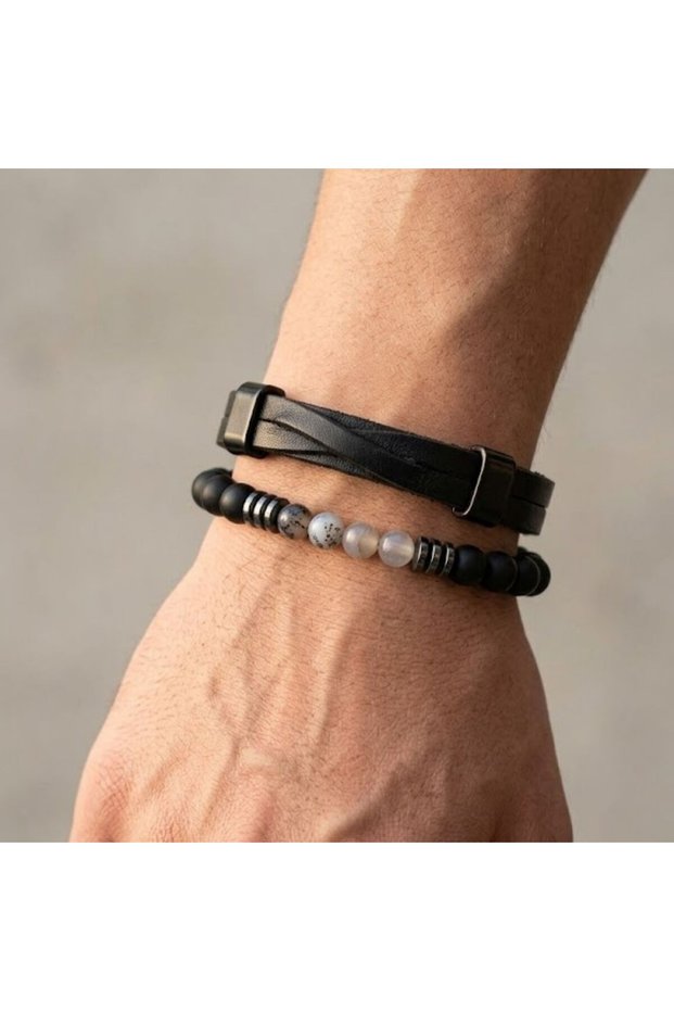 Burkulu Black Leather and Grey/White Natural Stone Detailed Double Men's Bracelet Set