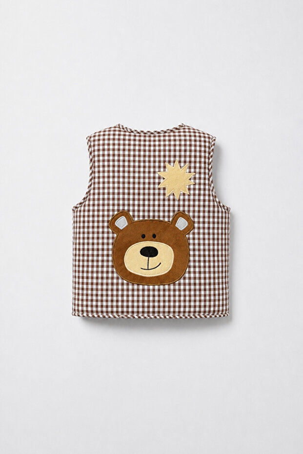 Children's Brown Gingham School Vest with Teddy Bear Appliqué