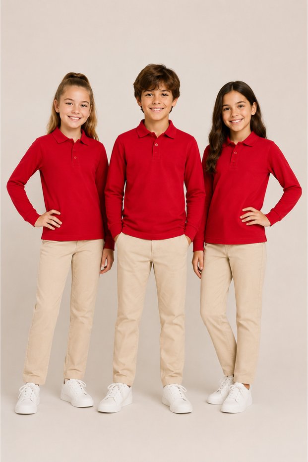 Children's Unisex 3-Piece Polo Collar Long Sleeve School T-Shirt 100% Cotton 2-14 Years