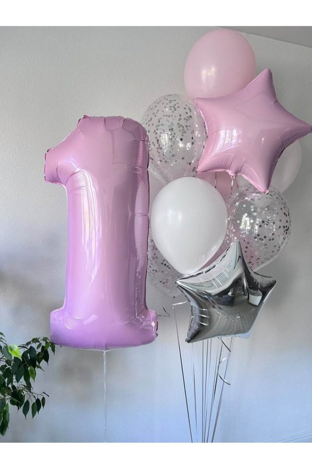 Pink Numbered Silver Star Birthday Balloon Set Transparent Sequins and Balloon Tape 14 Pieces