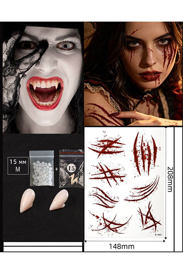 A2 Real Vampire Teeth 15 mm and Vampire Kit with Realistic Wound Simulation 2 Grams Pro Thermo Granules
