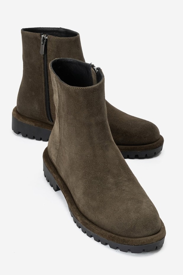 Parfonel Women's Genuine Leather Zippered Boots Khaki Suede