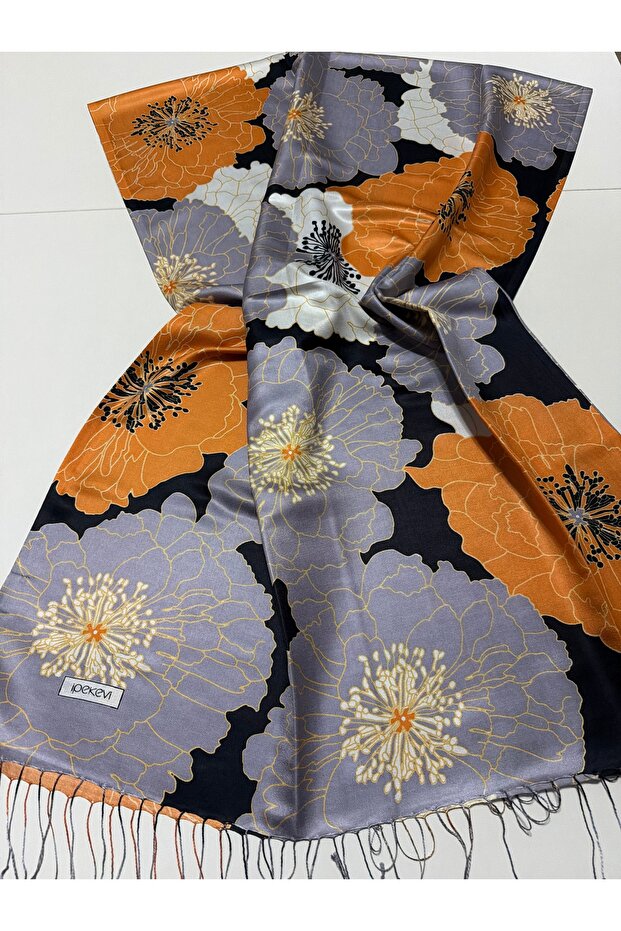 Black Orange Gray Hydrangea Basket Patterned Silk Shawl