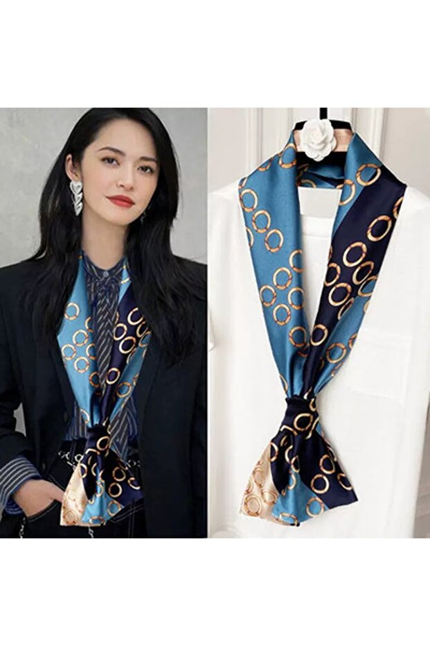 Women's Blue Navy Patterned Satin Scarf Stylish Neck Accessory
