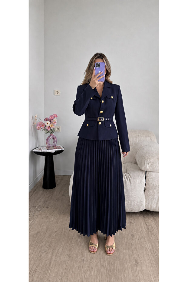 Pleated Belted Jacket Skirt Double Blazer Set