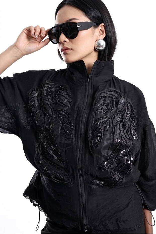 Beaded Lace Lined Zipper Jacket Per9773