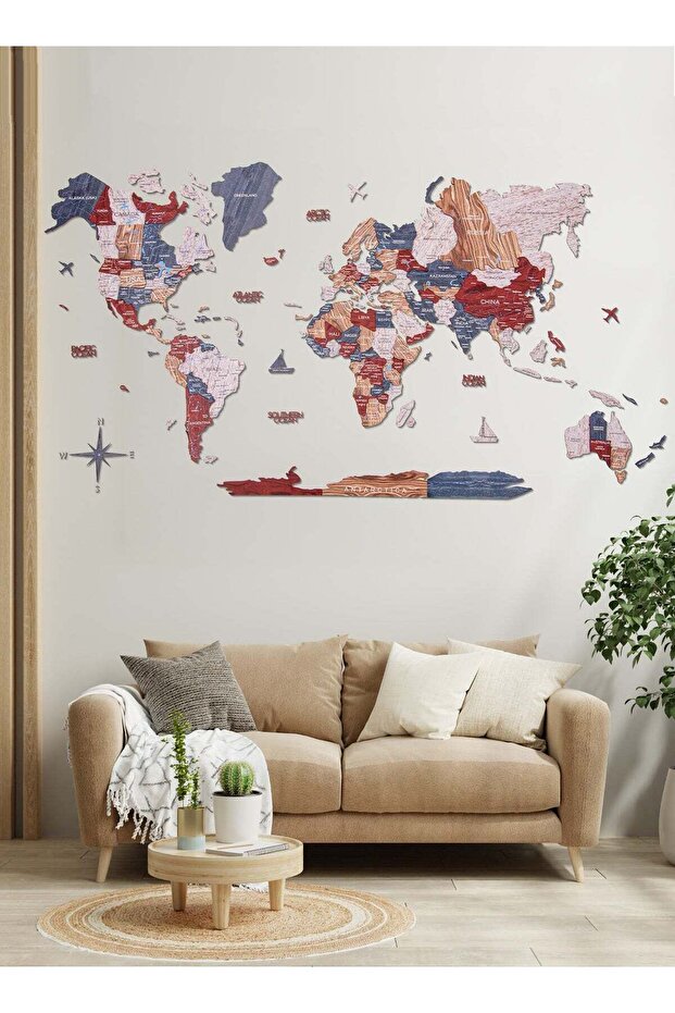 Wooden World Map Wall Decor Travel Wall Art Home Decoration UAE, Boho