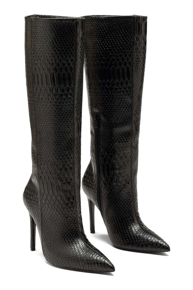 Women's High Heeled Below the Knee Zippered Black Snake Detailed Pointed Toe Boots