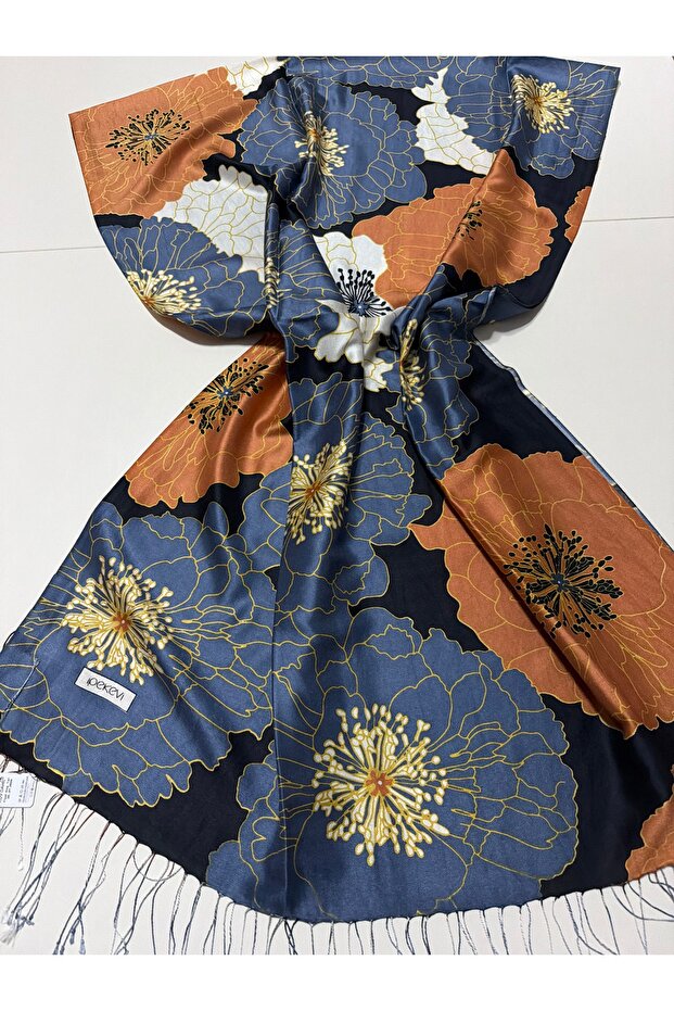 Black Copper Blue Hydrangea Basket Patterned Silk Shawl