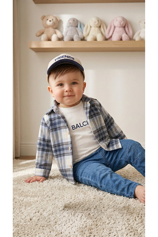 Lumberjack Buttoned Shirt, Printed Bodysuit, Lycra Stretch Jeans and Printed Hat 4-Piece Baby Boy Set