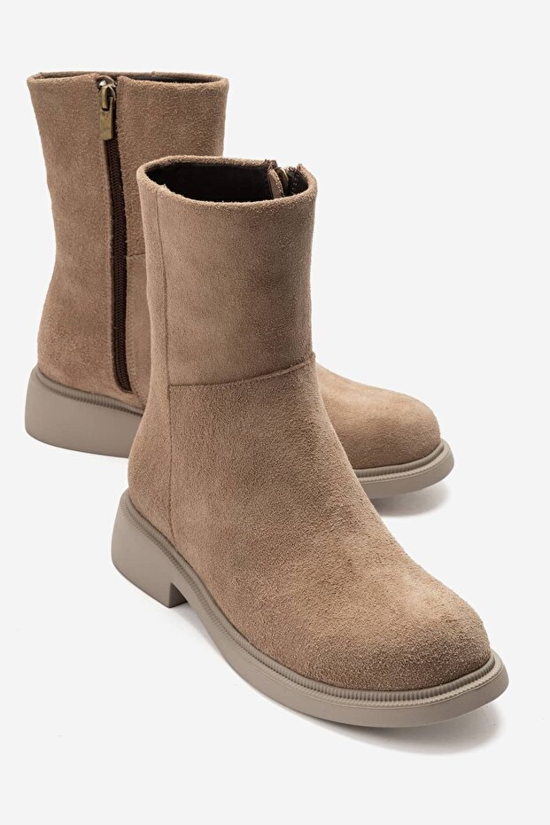 Zarolin Women's Genuine Leather Zippered Boots Mink Suede