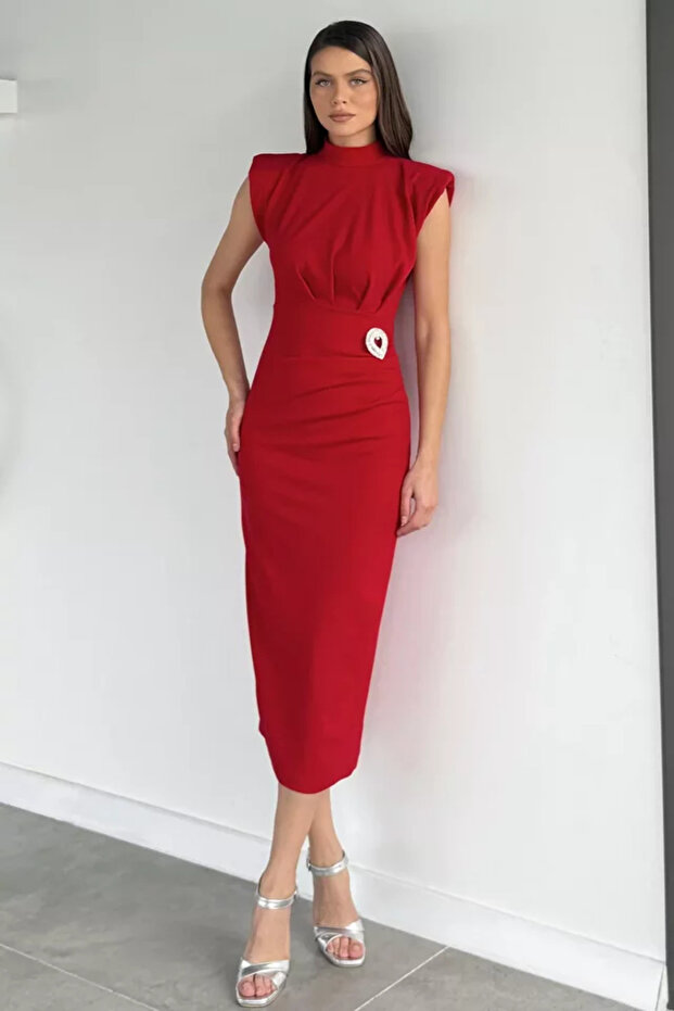 Gülseli Women's Shoulder Padded High Collar Brooched Dress
