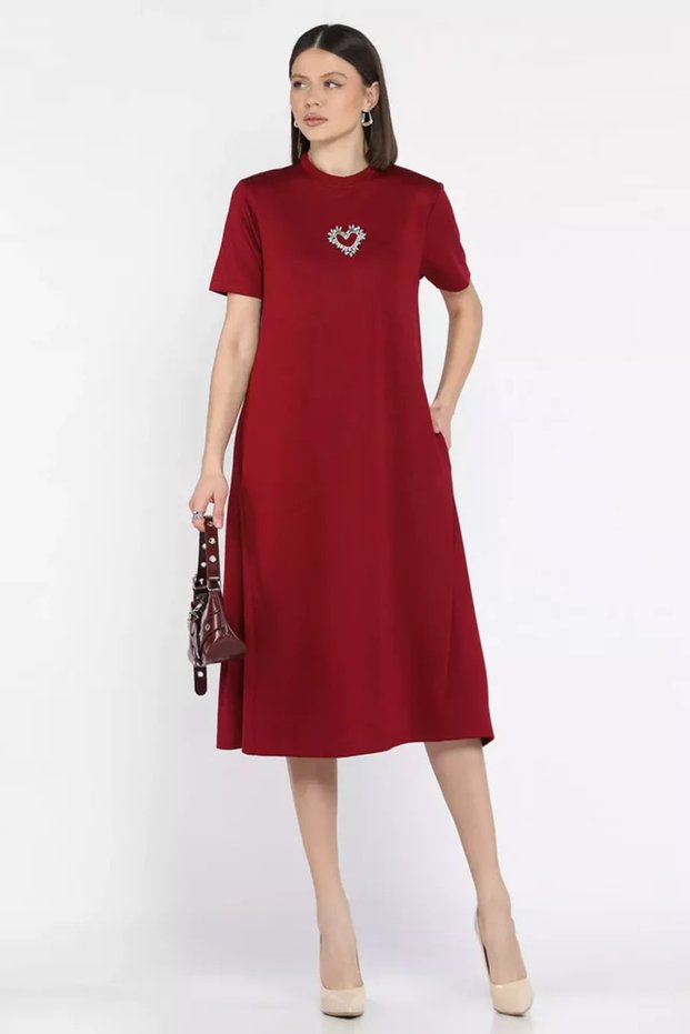 Crew Neck Women's Short Sleeve Dress with Stone Detail and Pockets