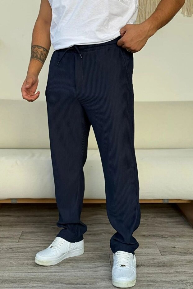 Men's Ribbed Baggy Adjustable Waist Trousers with Side Pockets