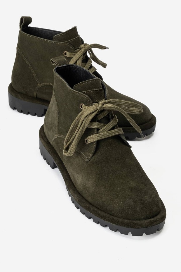 Partilla Women's Genuine Leather Lace-Up Boots Khaki Suede