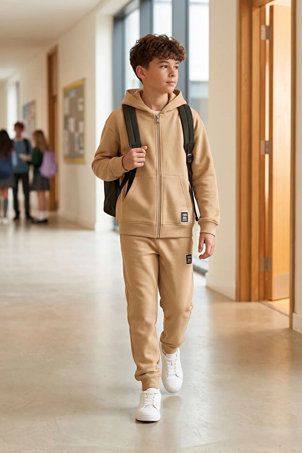 Boy's Hooded Zippered Beige Color 2-Thread Brushed Fabric Tracksuit Set