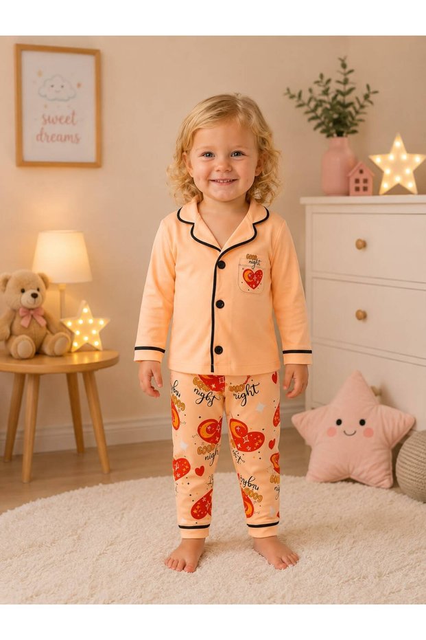 100% Cotton Long Sleeve Buttoned Good Night Heart Patterned Soft Textured Bottom and Top Baby Girl Pajama Set