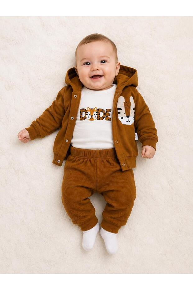 Baby Boy 3-12 Months Tiger Patterned Hooded Cardigan, Sweatshirt and Pants 3-Piece Set
