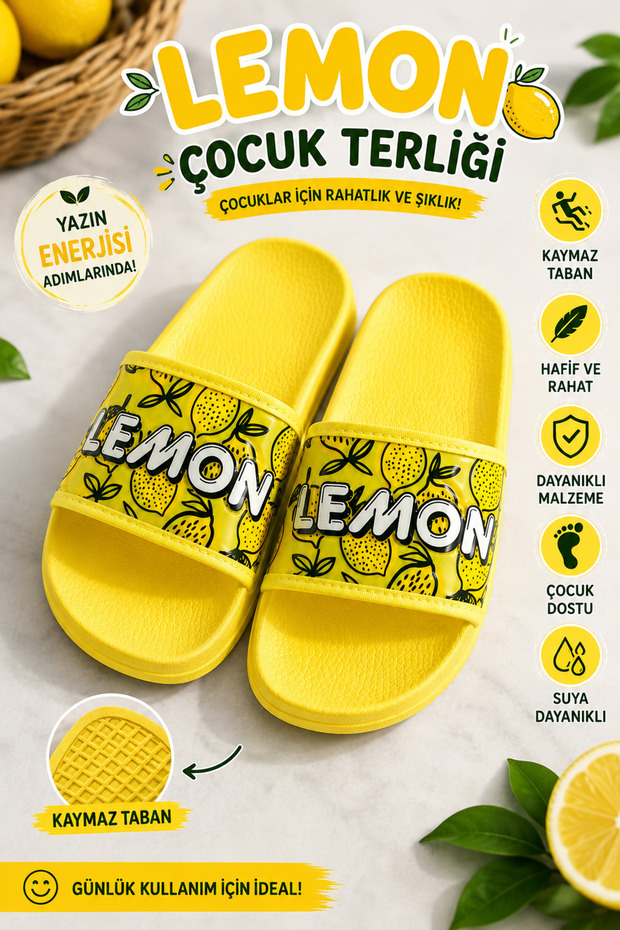 Children's Lemon Patterned Yellow Slippers Non-Slip Sole Lightweight Comfortable Summer Slippers