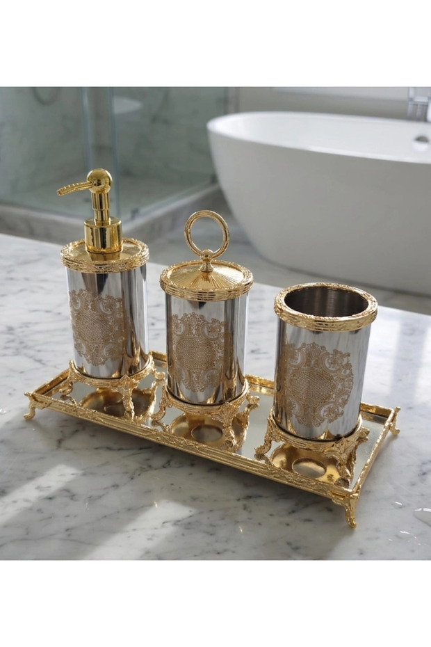 Engraved Detail Bathroom Accessory Set Gold
