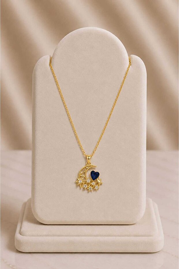 Navy Blue Heart Moon and Star Figured Steel Necklace
