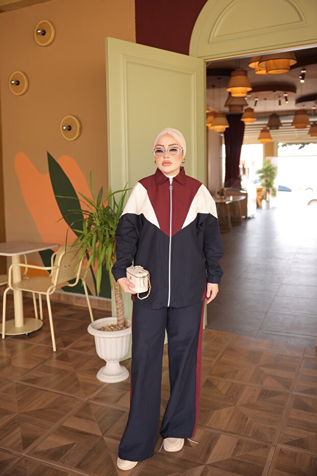 Women's Hijab 3-Color Block Zippered Tracksuit Set Comfortable Fit