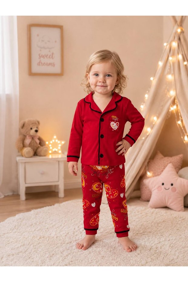 100% Cotton Long Sleeve Buttoned Good Night Heart Patterned Soft Textured Bottom and Top Baby Girl Pajama Set
